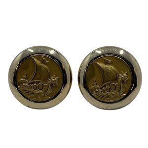 Vintage Swank‎ Mens Cufflinks Gold Tone Sailboat Sailing Ship Boat Waters Pirate